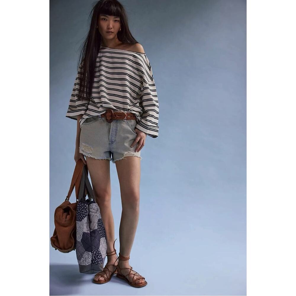 Free People Boatneck Bohemian Preppy C'est La Vie Tee Black White Stripes Large - Picture 2 of 13